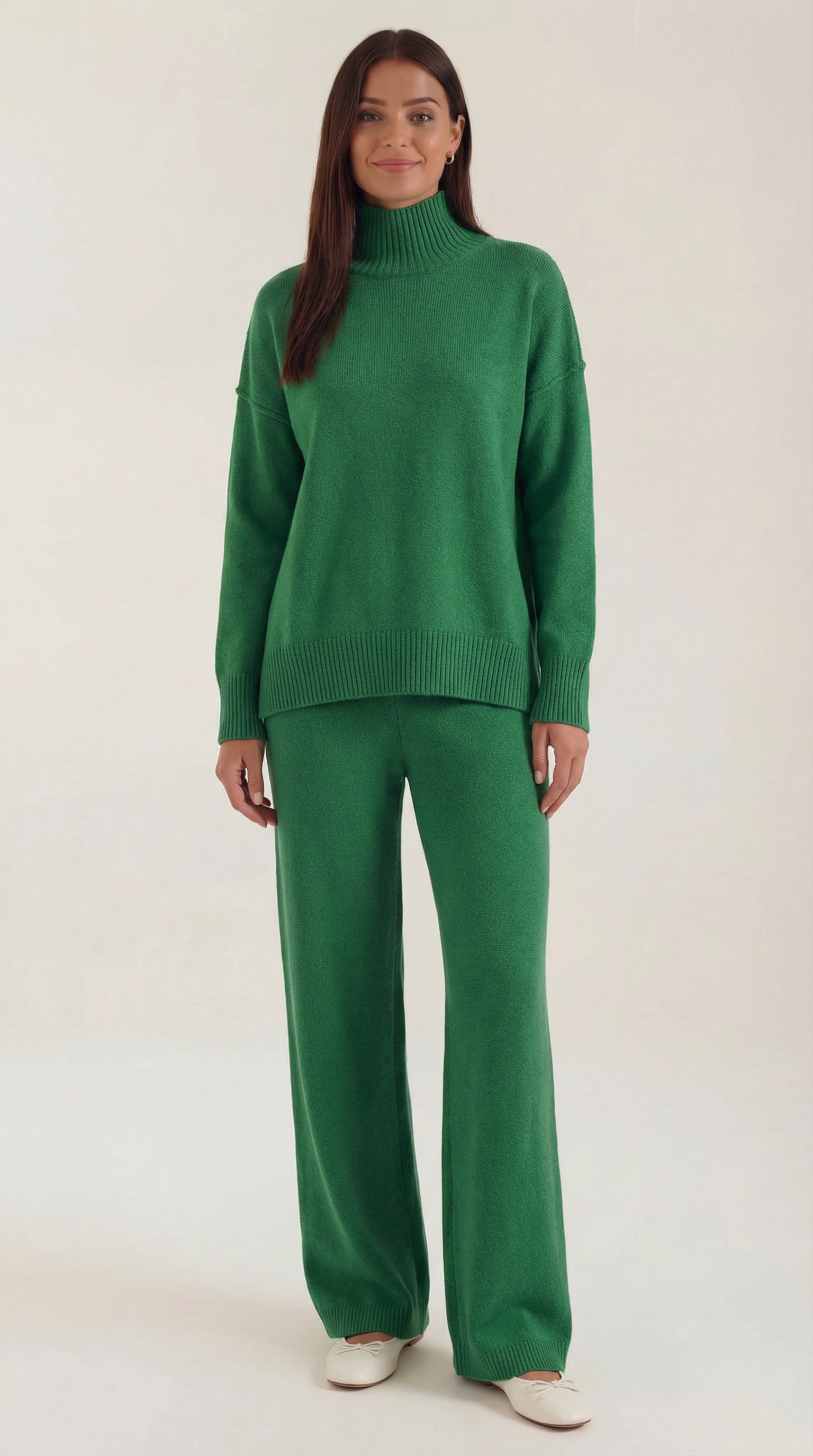Conjunto de suéter de punto de cuello alto y pantalones vaqueros