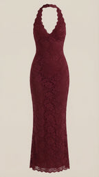 Vestido largo de encaje con escote halter Roxanne