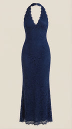 Vestido largo de encaje con escote halter Roxanne